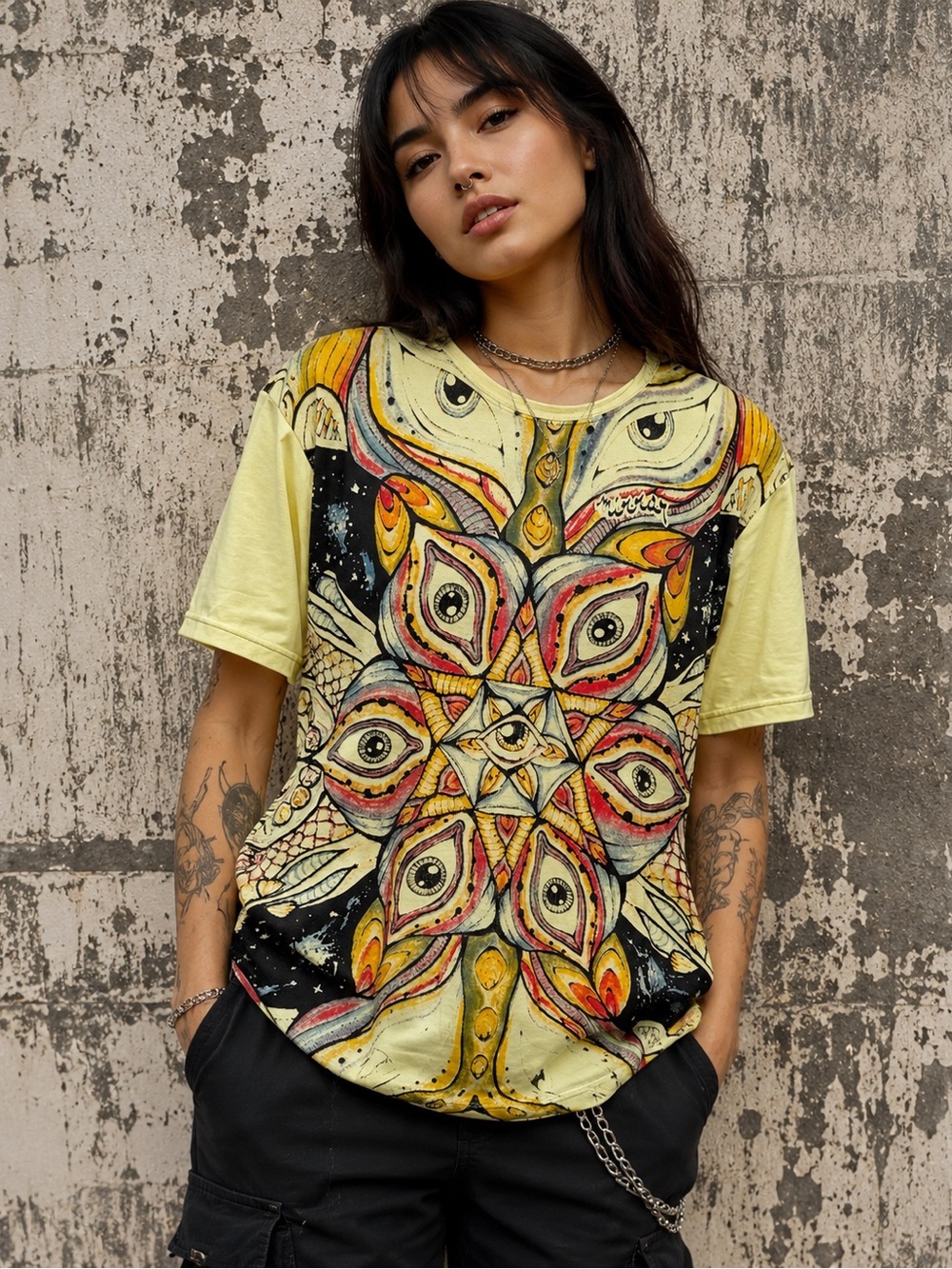 Mirror Psychedelic Owl Eye All Over Graphic T-Shirt Yellow Size L